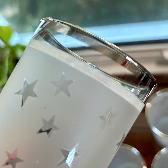 Vintage Frosted Star Silver Banded Glass Drinking Tumblers set of 4 - Picture 6 of 12
